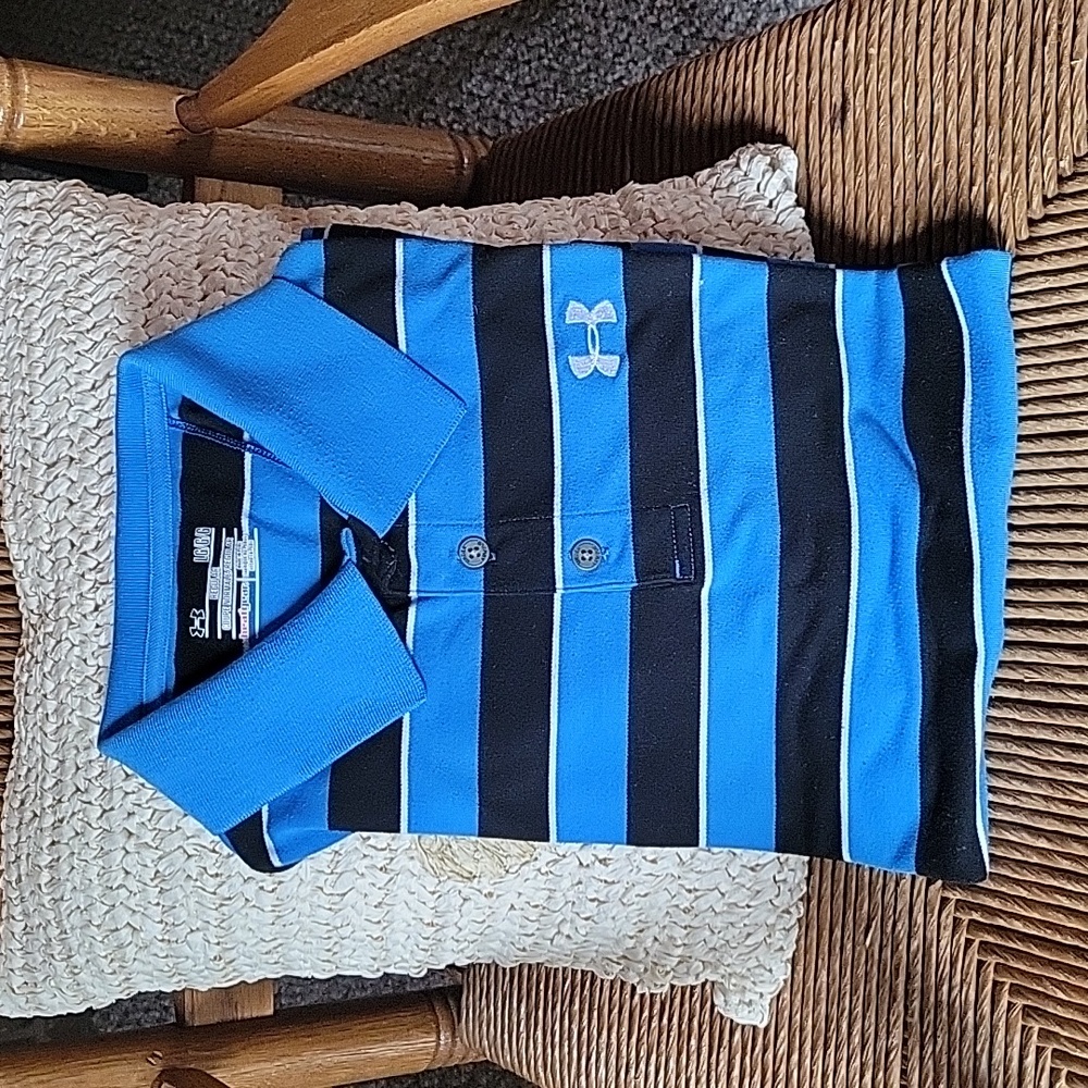 Under Armour blue/white stripped, heat gear polo, size L